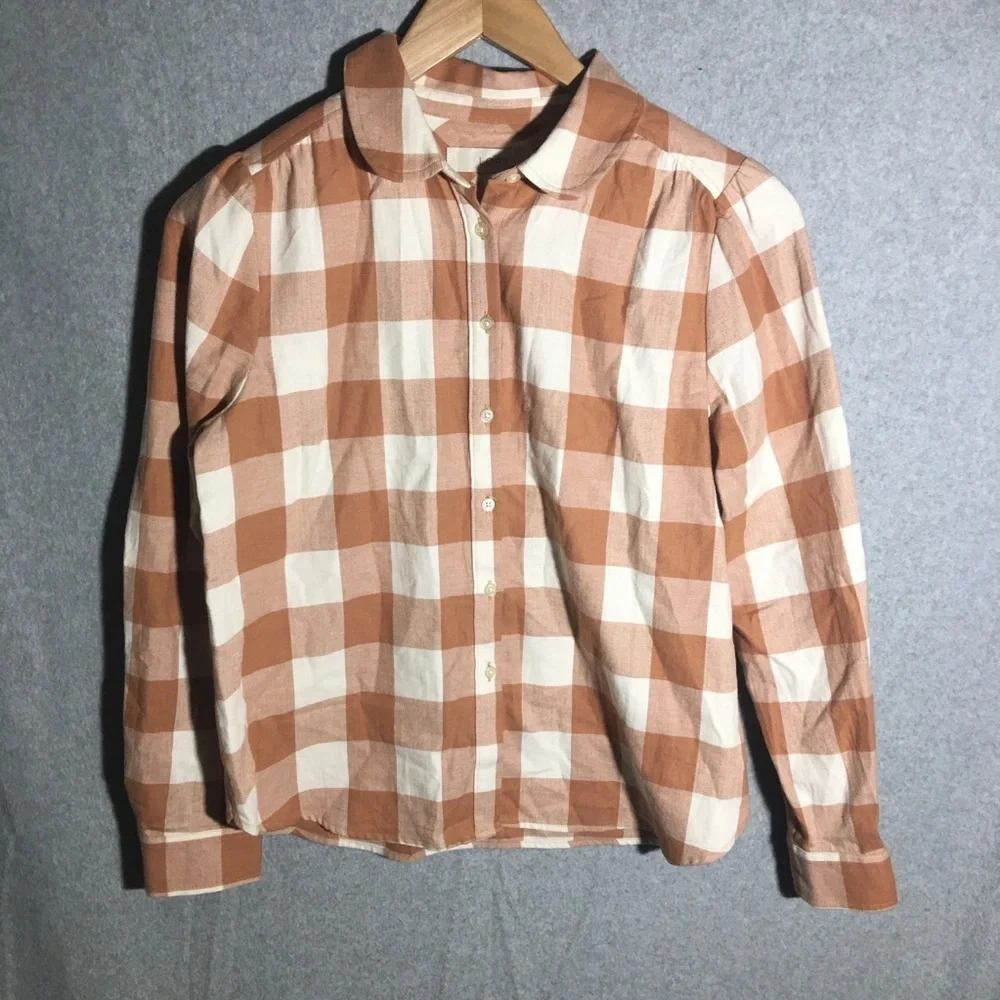 Womens Loft Button Up Shirt Plaid Flannel Fall Autumn Cottage Core Feminine